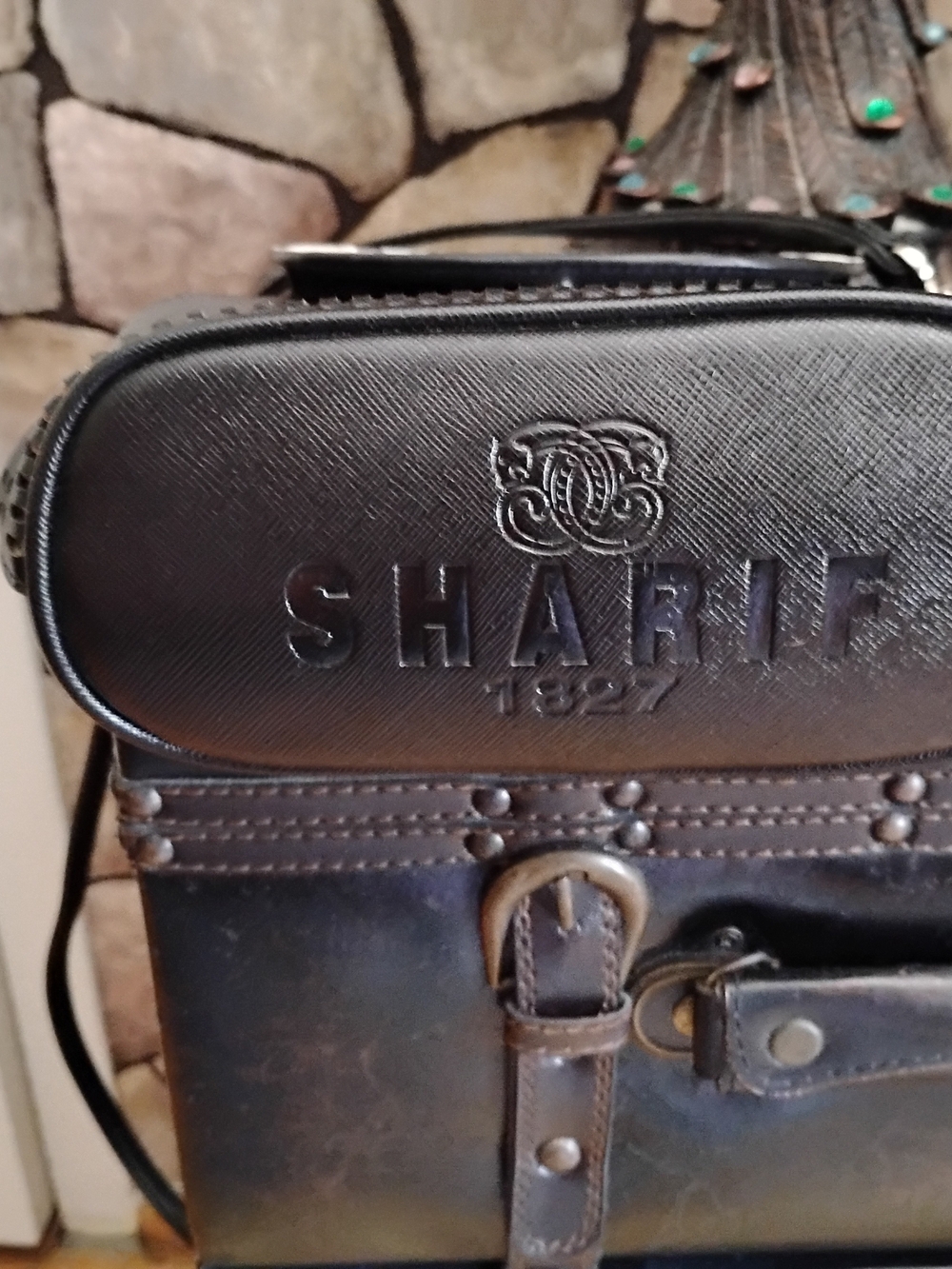 Sharif 1827 Vintage Black, White With Denim Blue Leather  Interior Crossbody Bag - Picture 3 of 3